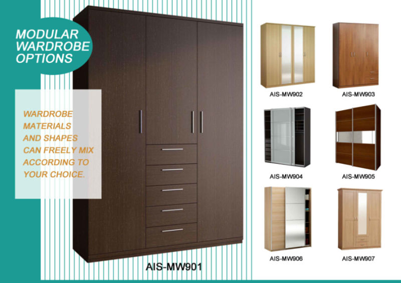 Melamine MDF Wardrobe Glass Sliding Door Closet (AIS-W017)