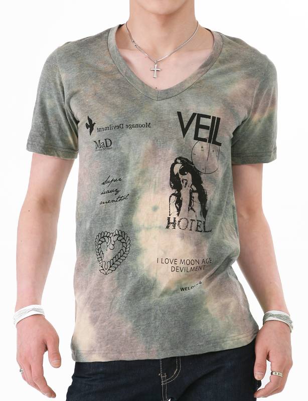 Dye Effect Fashion V Neck Printed Fitted Top Quality Men T Shirt