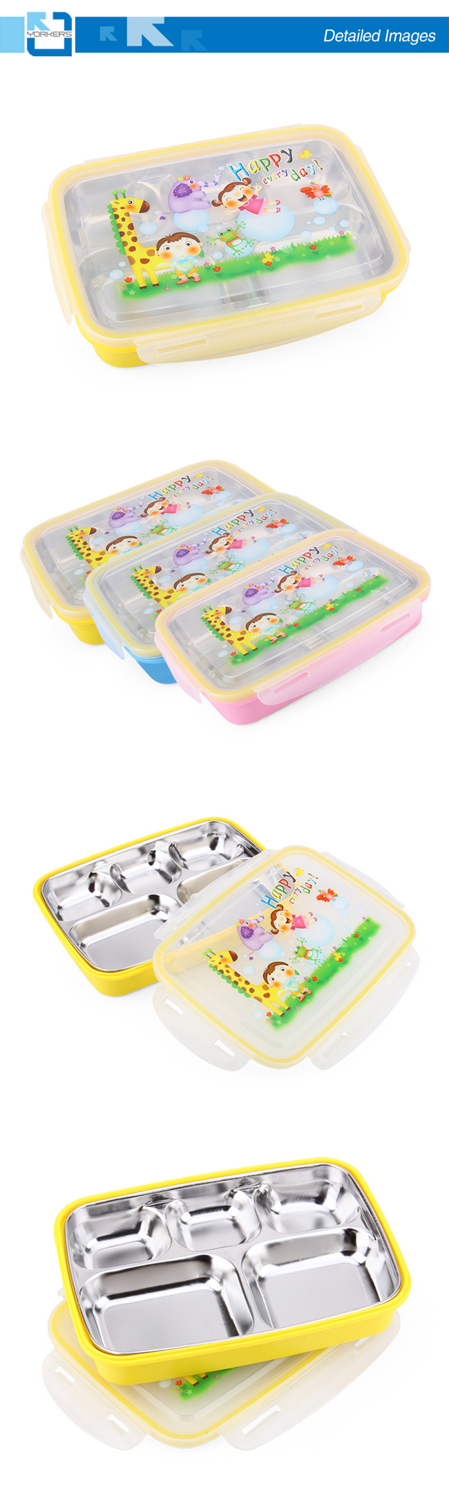 5 Dividers Stainless Steel Colourful Lunch Box Bento for Kids Food Container