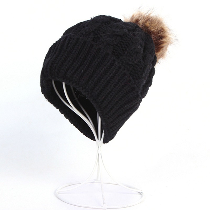 Womens Mens Fake Fur Ball Cap POM POM Knitted Beanies Thick Hat (HW100)