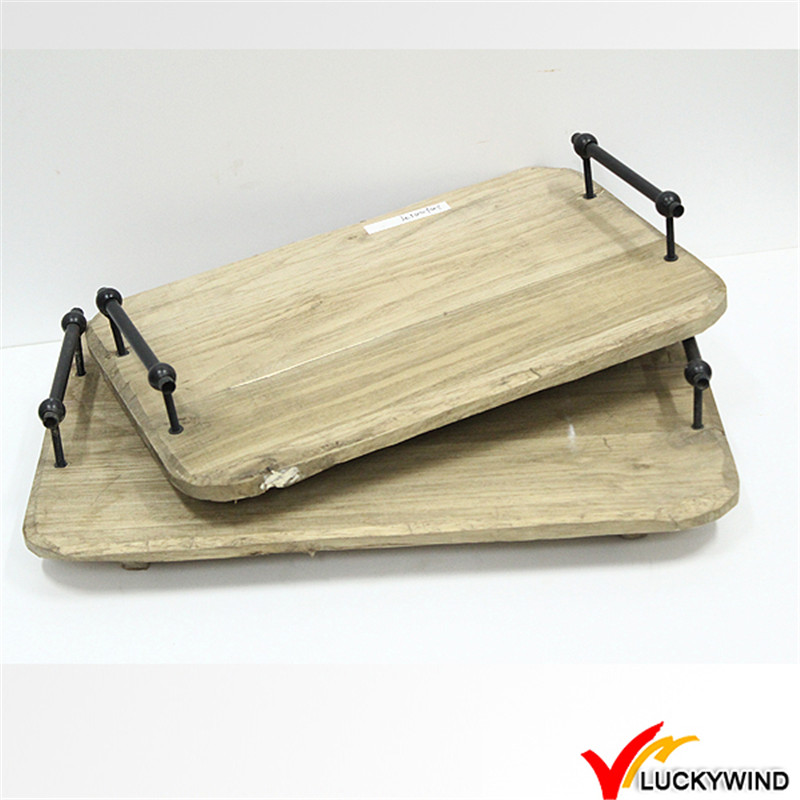 Rustic Natural Colour Wood Serving Tray with Metal Handle