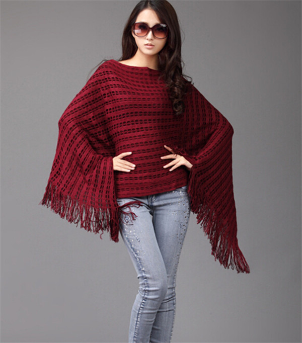 High Quality Tasseled Sweater 100% Acrylic Hollow out Pullover Knitted Women's Cape