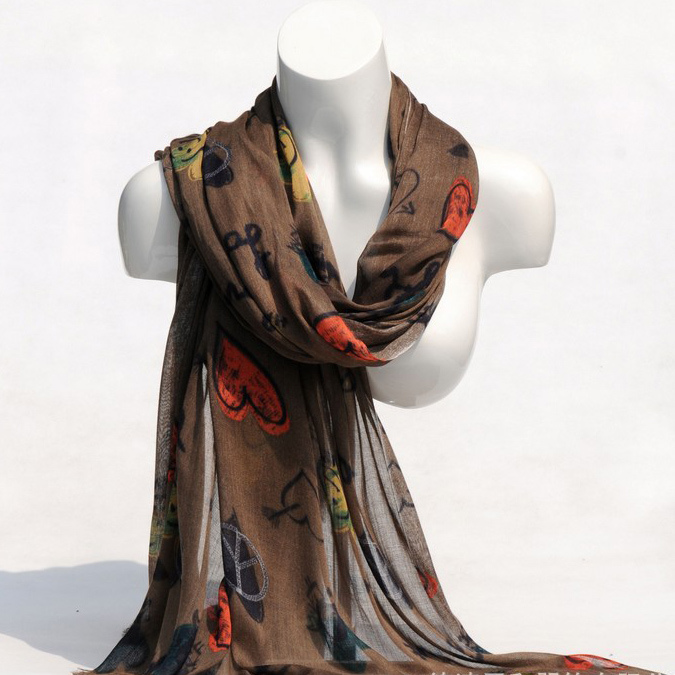 Women's Viscose Heart Love Printing Spring Autumn Summer Woven Beach Cover Shawl Scarf (SW125)