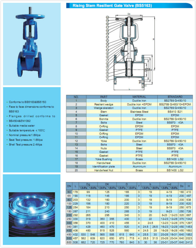 Bs 5163 Rising Stem Resilient Gate Valve