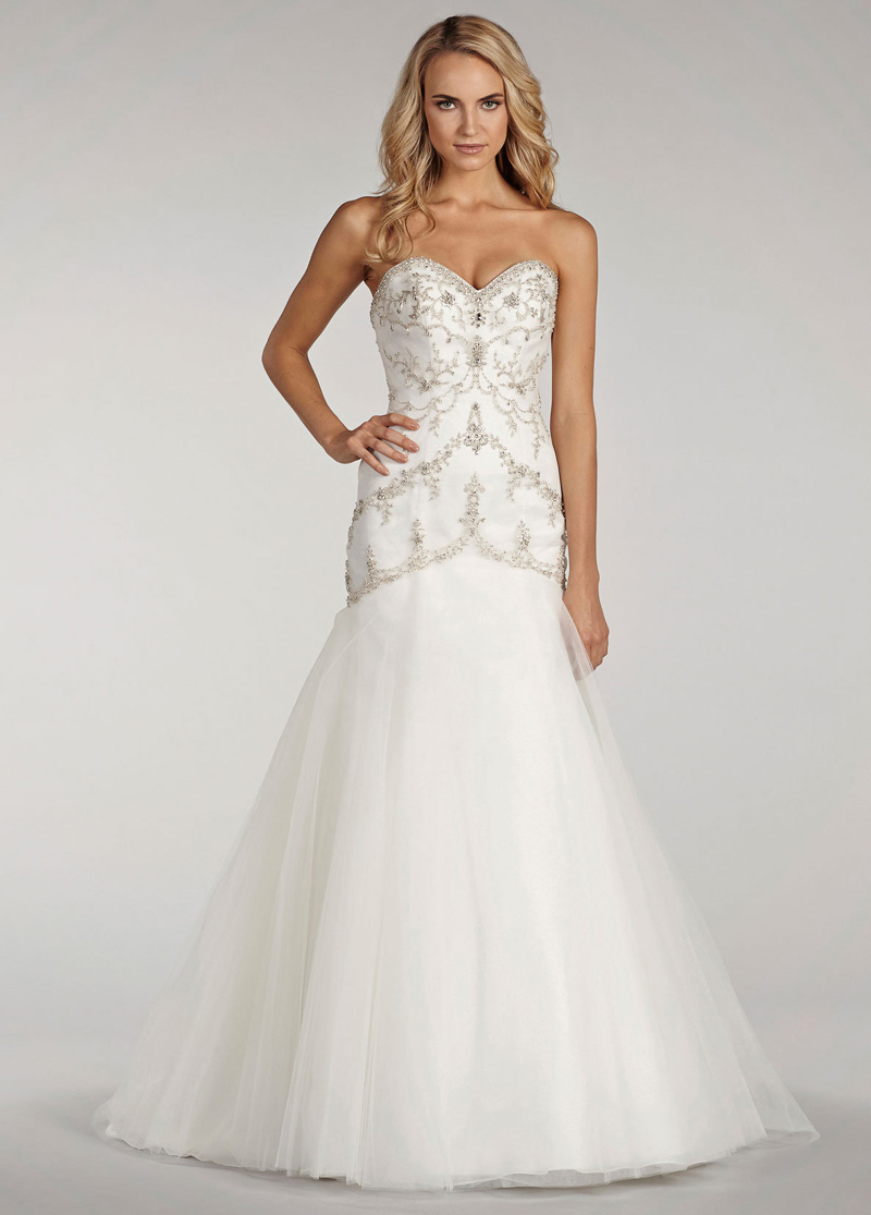 Beaded Elongated Bodice Ivory Modified A-Line Wedding Dress with Sweetheart Neckline and Tulle Shirt