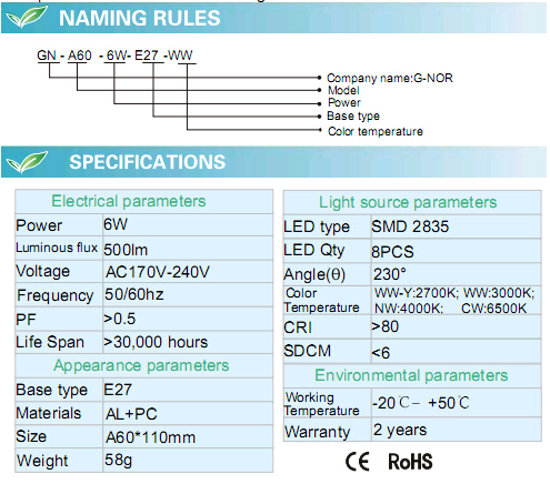 Plastic Cover Aluminum 6W A60 LED Bulb