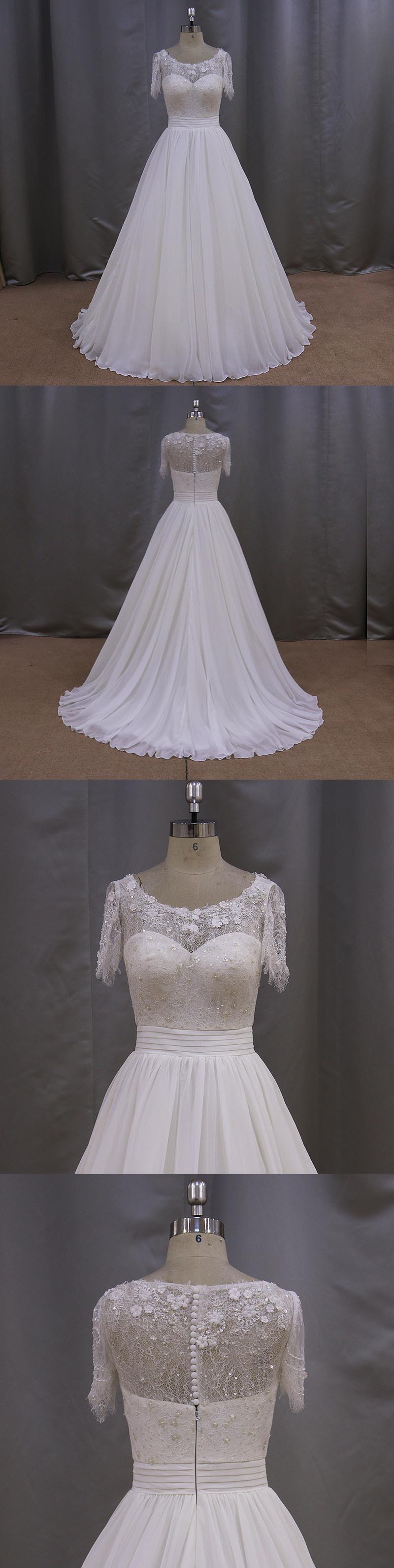 Short Sleeve Chiffon See Through Back Beach Wedding Dress