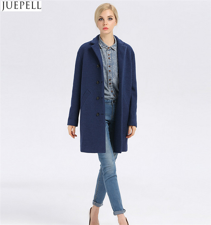 European Brand New Good Quality Women Winter Coat Long Double-Breasted Women's Windbreaker Blue Wool Coat