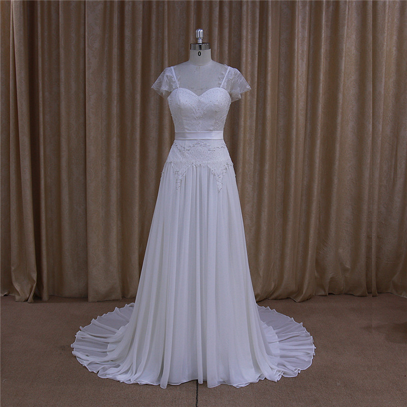 Backless Beaded Cap Sleeve Chiffon Wedding Dress