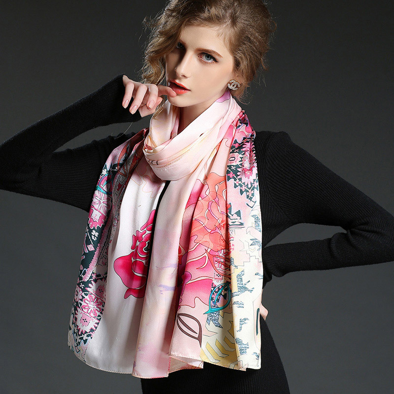 Silk Satin Scarf Digital Printing Long Scarf Shawl for Autumn Sp898-1