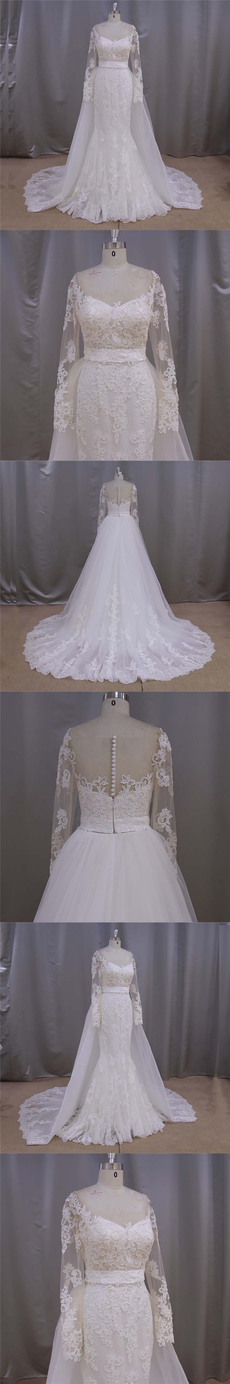 Long Sleeve A-Line Bridal Dress Detachable Train