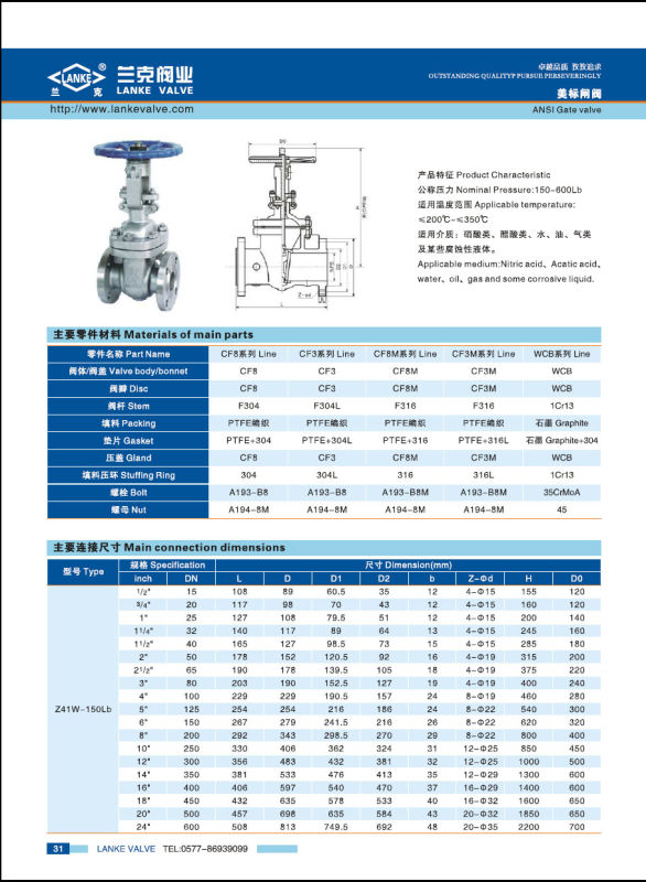 A216-Wcb Flange Gate Valve with ANSI Standard