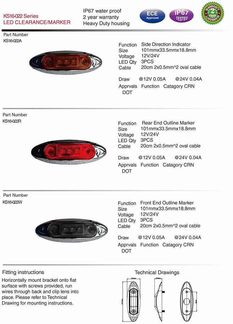 Ks16-022 Waterproof 12V/24V Truck LED Side Marker Lights