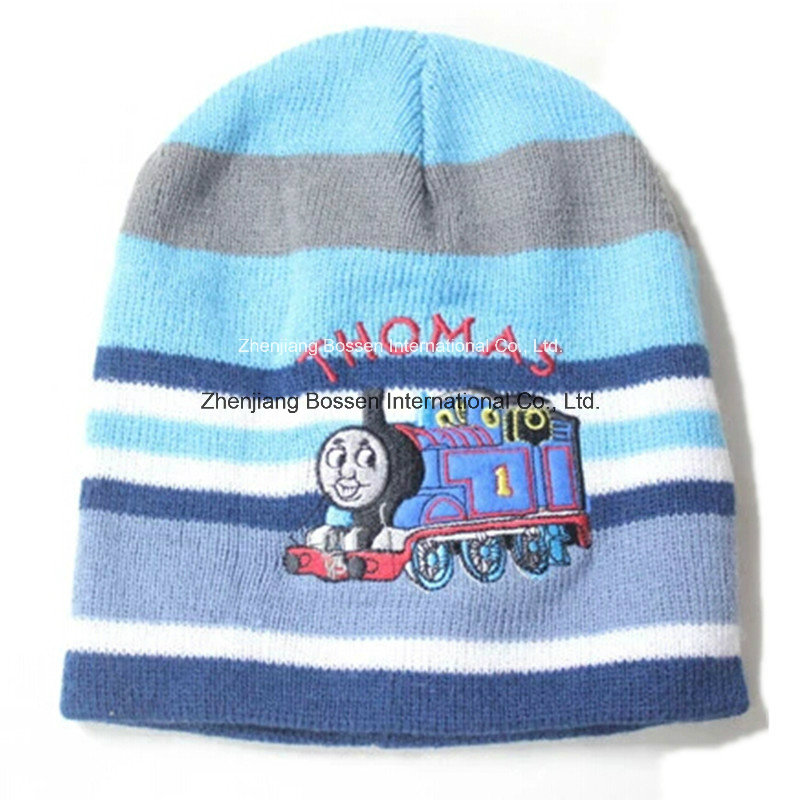 China Factory Cheap Customized Cartoon Printed Acrylic Warm Knitted Children Beanie Hat