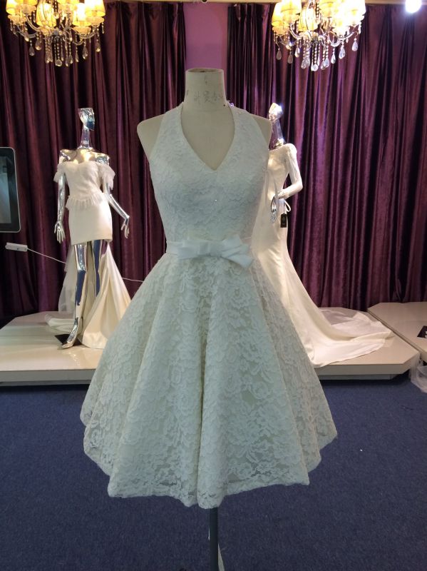 Top Sale Halter Short Ivory Lace Wedding Dress with Bow