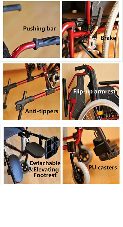 Topmedi Medical Equipment Self-Propelled Aluminum Wheelchair with Anti-Tippers