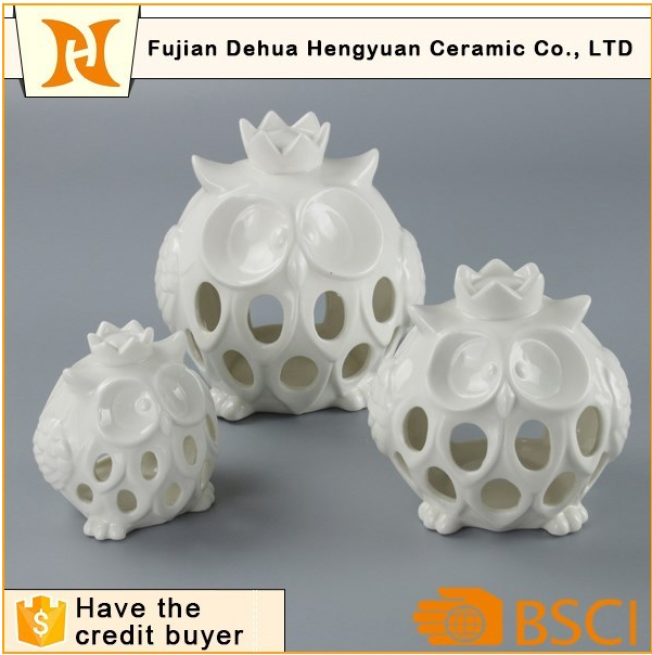 White Ceramic Hollow out Ceramic Owl Candle Holder