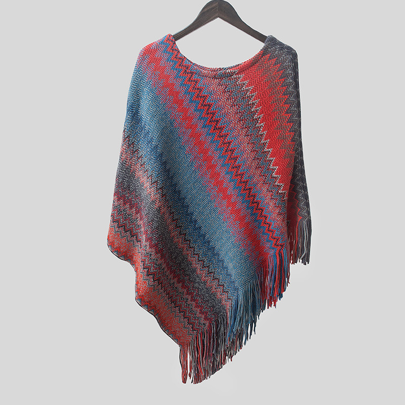 Womens Soft Knit Cashmere Like Wrap Rainbow Tassel Edge Sweater Poncho Shawl (SP604)