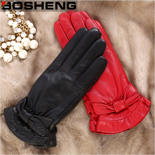 Women Winter Leather Cycling Fleece Lined PU Gloves with Fur