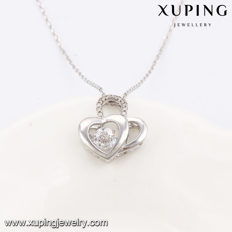 Necklace-00085 Fashion Elegant CZ Diamond Double Heart Rhodium-Plated Imitation Jewelry Pendant Necklace