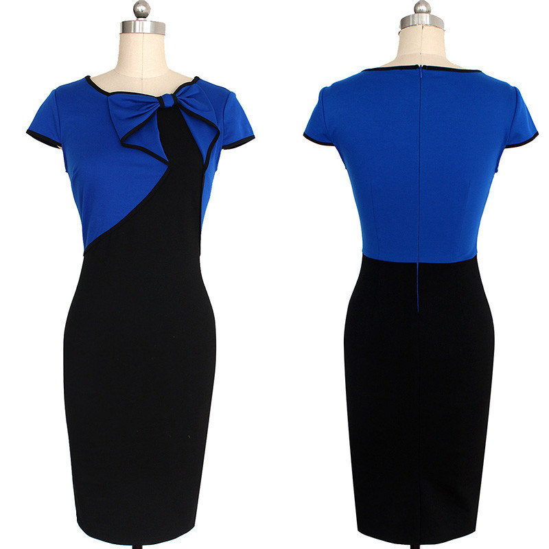 Blue and Black Formal Office Dress