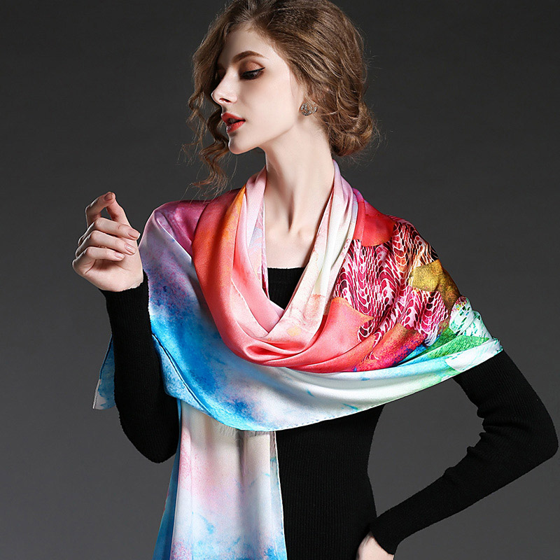 Real Silk Satin Scarf Digital Printing Long Scarf Shawl Sp2274-3