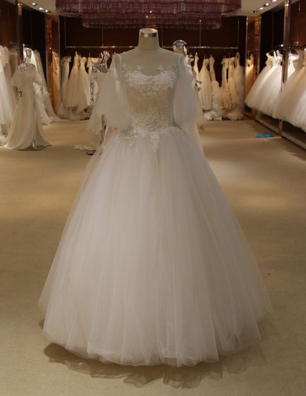 Illusion Flare Sleeve Ball Gown off White Cheap Wedding Dress