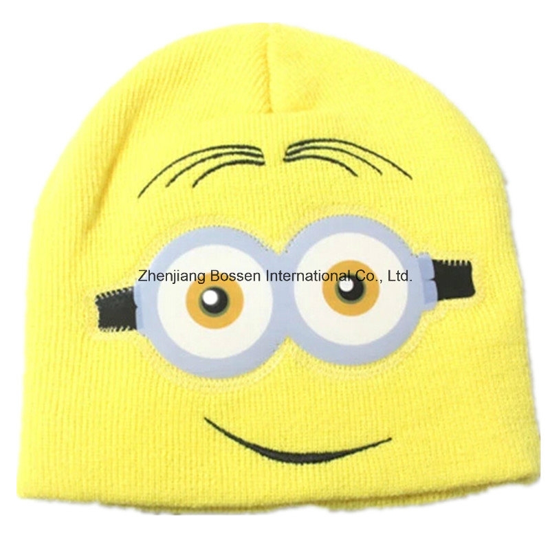 OEM Produce Cartoon Embroidered Yellow Chlidren Customized Acrylic Knitted Beanie