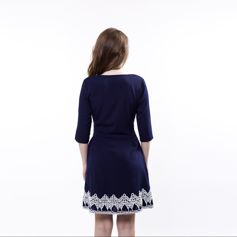 Latest Lace Neck Half Sleeves Empire Waist Blue Dresses