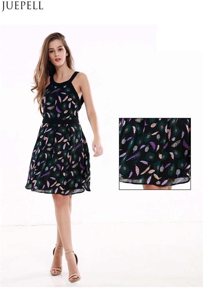 Feather Printing Summer New Slim Chiffon Print Dress Long Section of The Sleeveless Dress Bottoming a Word Women Dresses