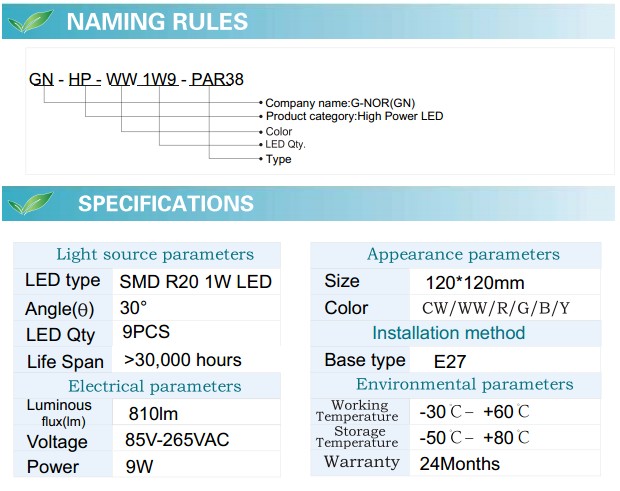 LED Spotlight Bulb (GN-HP-WW1W9-PAR38)