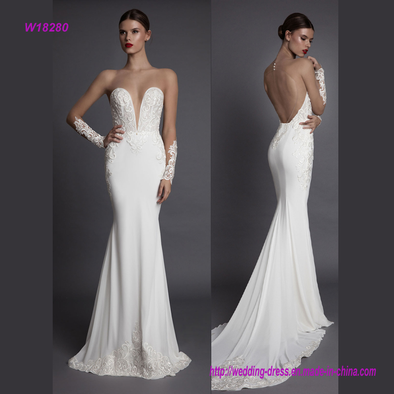 Hot Open Back Deep V Neck Wedding Gown with Chapel Train