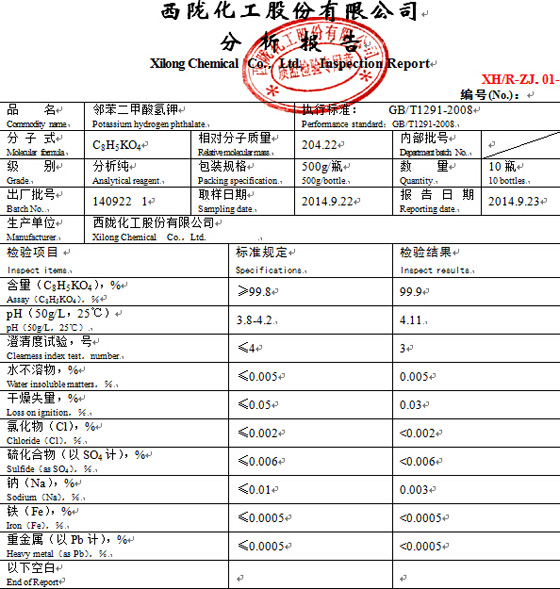 Lab Usage 877-247 Potassium Biphthalate