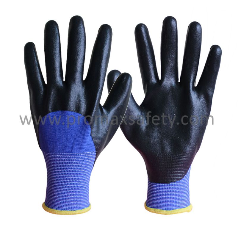 13G Blue Polyester Knitted Gloves with Black Foam Nitrile 3/4 Coated