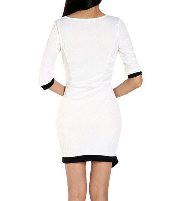 Women Stitching Short Sleeve Irregular Bandage Office Dresses White (50221)