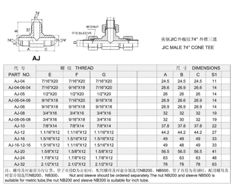 Jic Male 74 Cone Tee Adapter Hydraulic Tube Fitting (AJ)