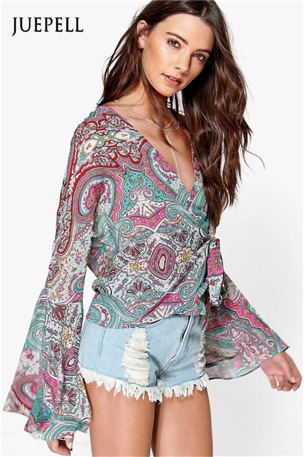 Wrap Over Flute Sleeve Paisley Women Blouse