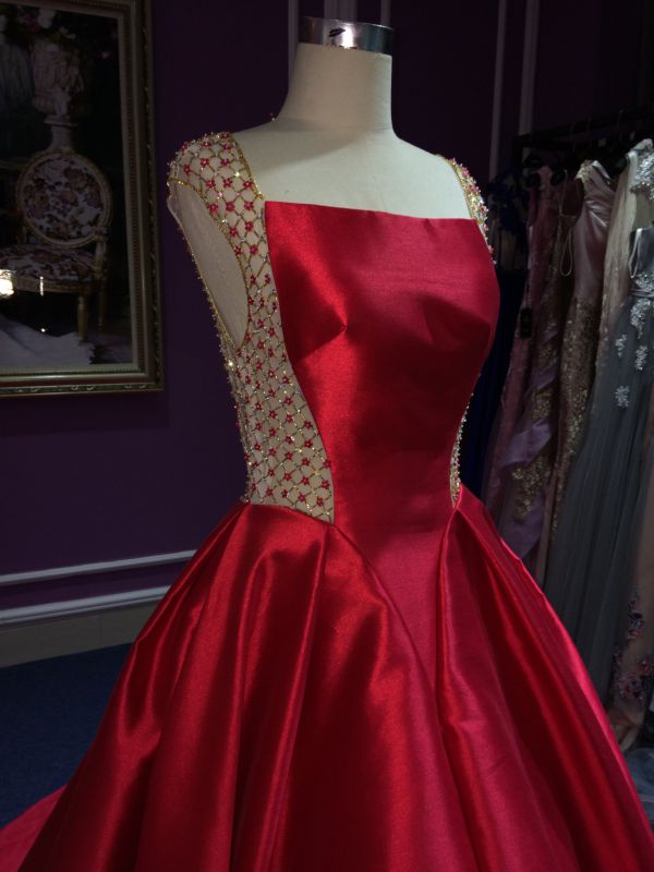 Red Satin Princess Wedding Dress with Delicate Beading Work