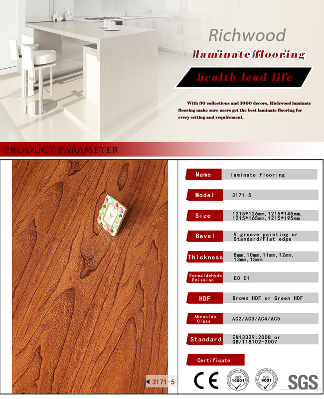 12.3mm Vinyl Waxed Edge Walnut HDF Laminated Laminate Wood Flooring