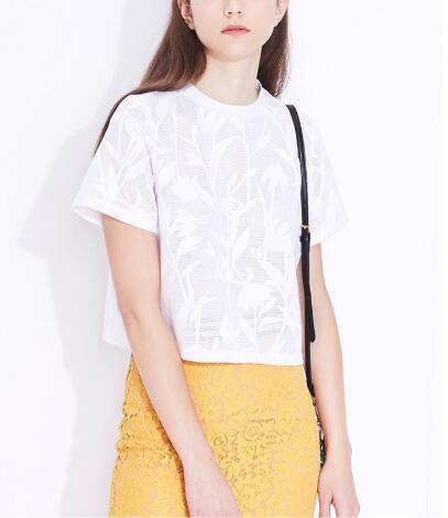 Summer Elegant Pure Jacquard Plant Short Round Neck Ladies T-Shirt