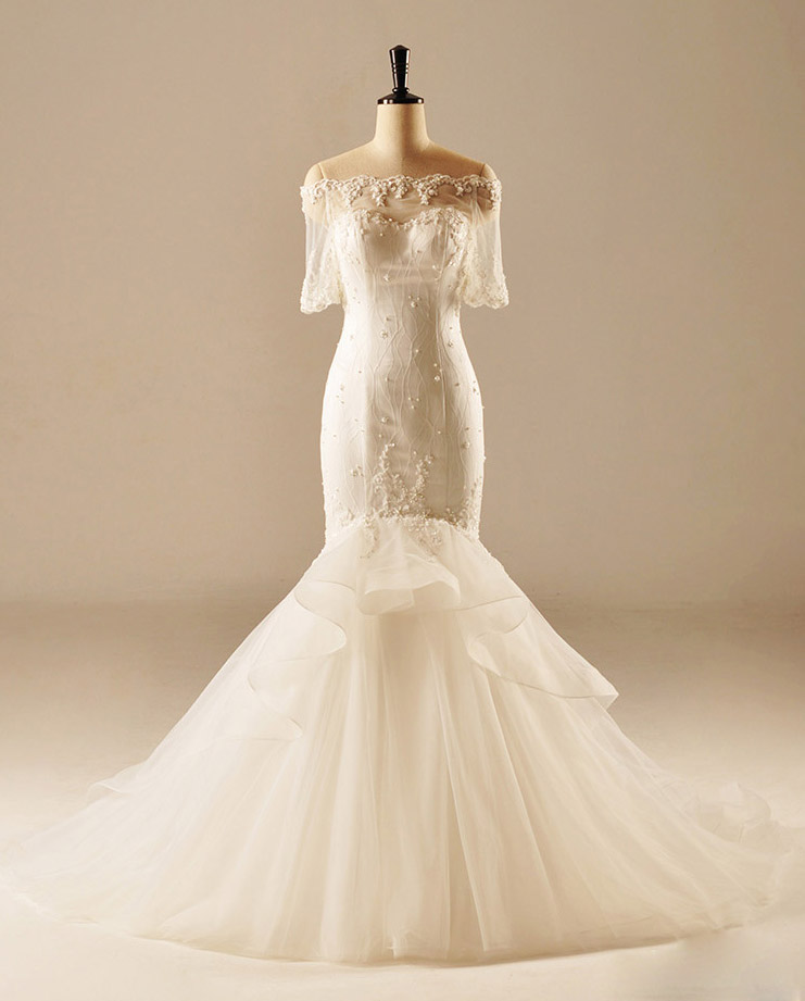 Fit and Flare Romantic Short Sleeve Wedding Gown