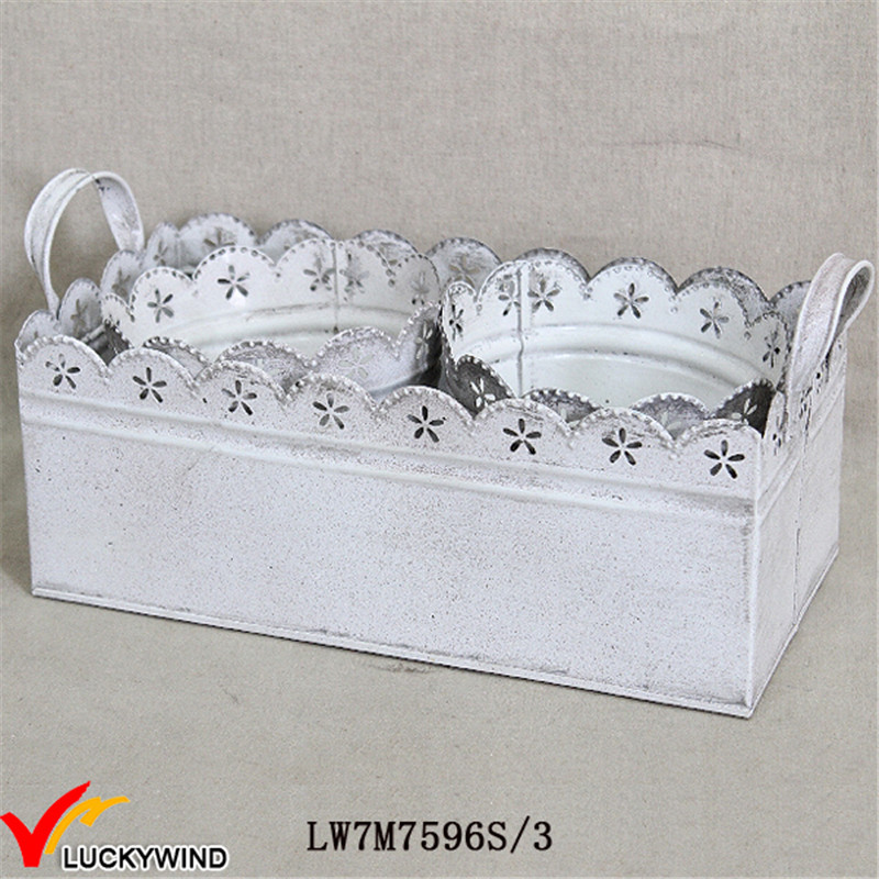 S/3 Shabby Chic White Metal Iron Planter with Tray