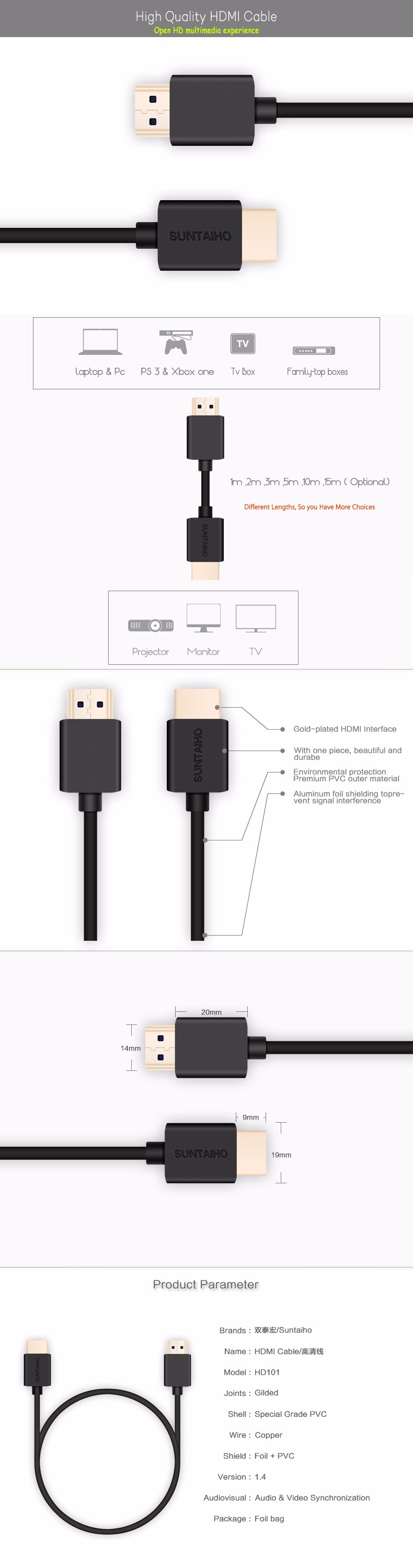 High Speed 1.4V Gold Plated Plug Male-Male HDMI Cable