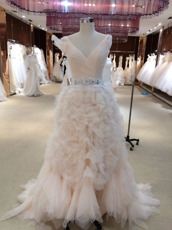 V Neck Tiered Bottom Pink Wedding Dress with Belt