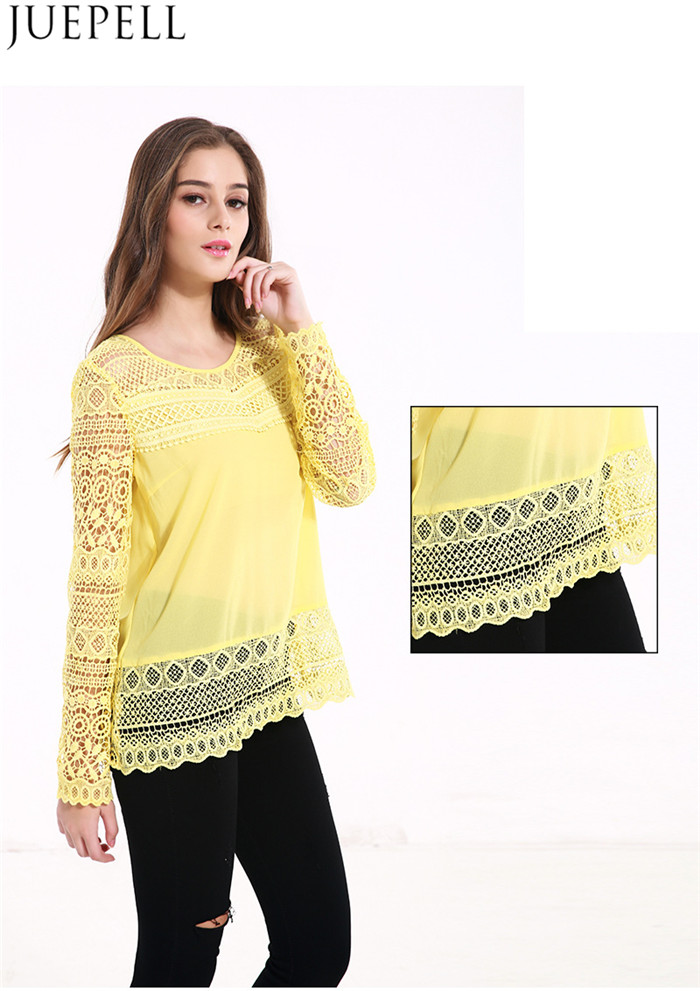 Europe 2016 New Round Neck Long-Sleeved Lace Shirt Big Yards Loose Openwork Crochet Lace Stitching T-Shirt Women Summer Blouse