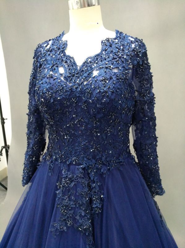 Long Sleeve V Neck Lace Blue Ball Gown Evening Dress