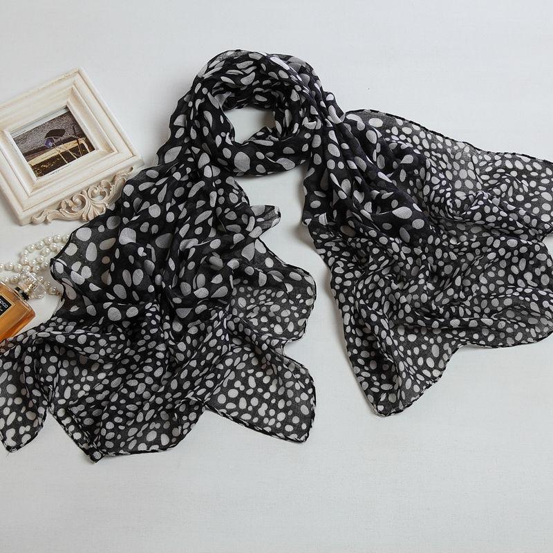 Black Ground White DOT Big Size Polyester Voile Long Scarf PP058bl