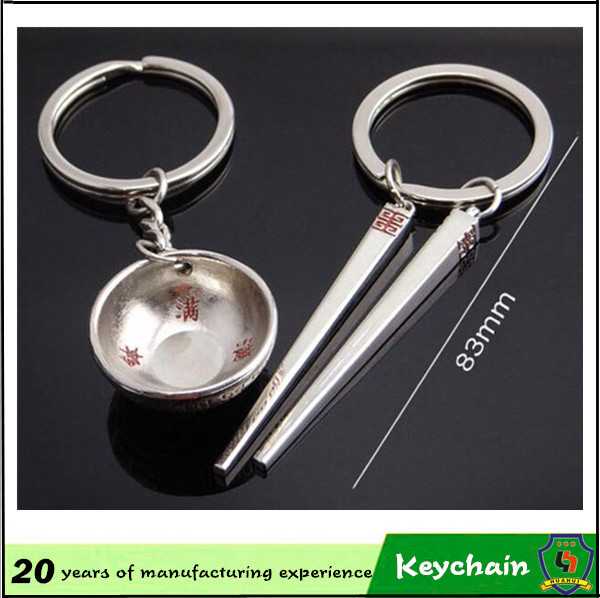 3D Gold Color Bowl and Chopsticks Key Chain for Lovers