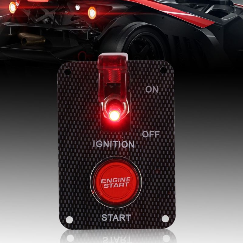 Carbon Fiber Racing Car 12V Ignition Switch Panel, Push Button+Red LED Toggle