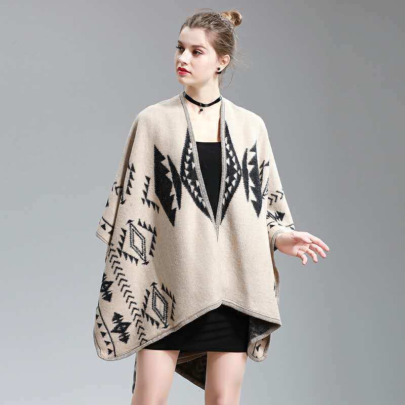 Womens Cashmere Feel Diamond Geometry Printing Cape Stole Poncho Shawl (SP294)